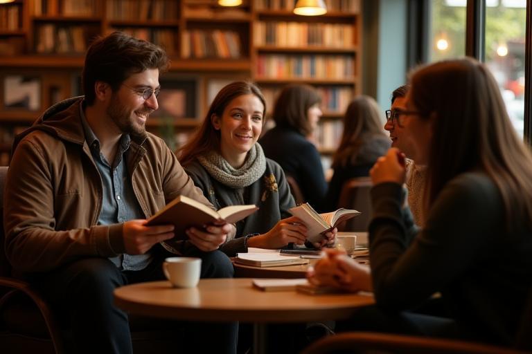 Photo of people comfortably reading and chatting in a cafe setting inside Story Lane Books
