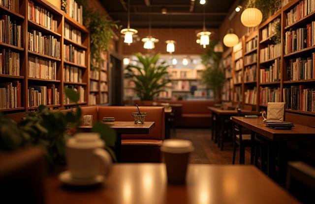 Interior photo of the cozy Story Lane Cafe with bookshelves in the background